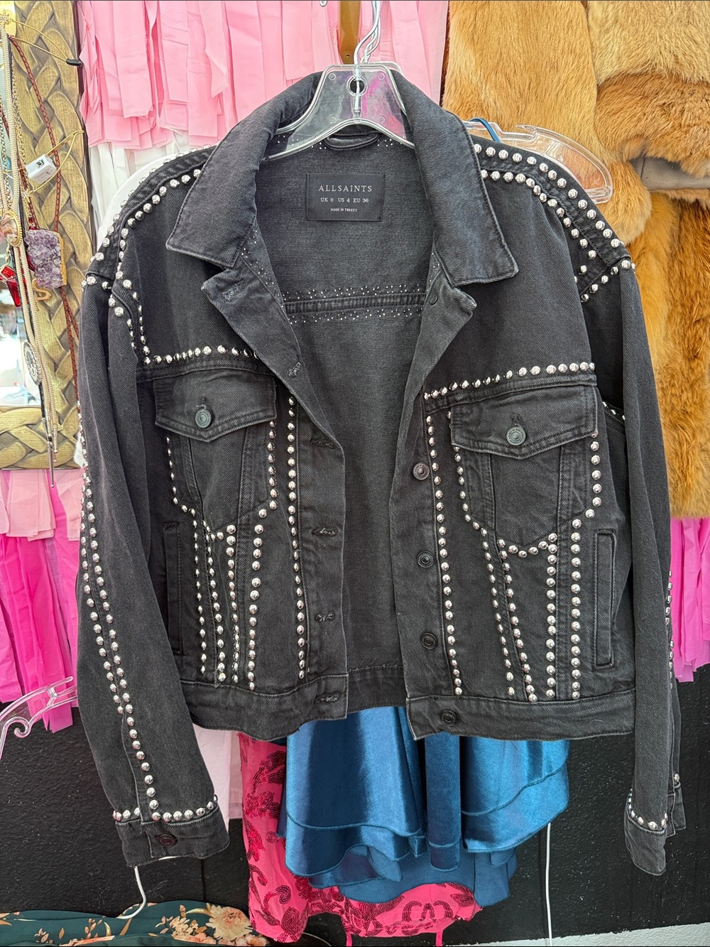 AllSaints Bella Studded Denim Jacket Black - Picture 2 of 4